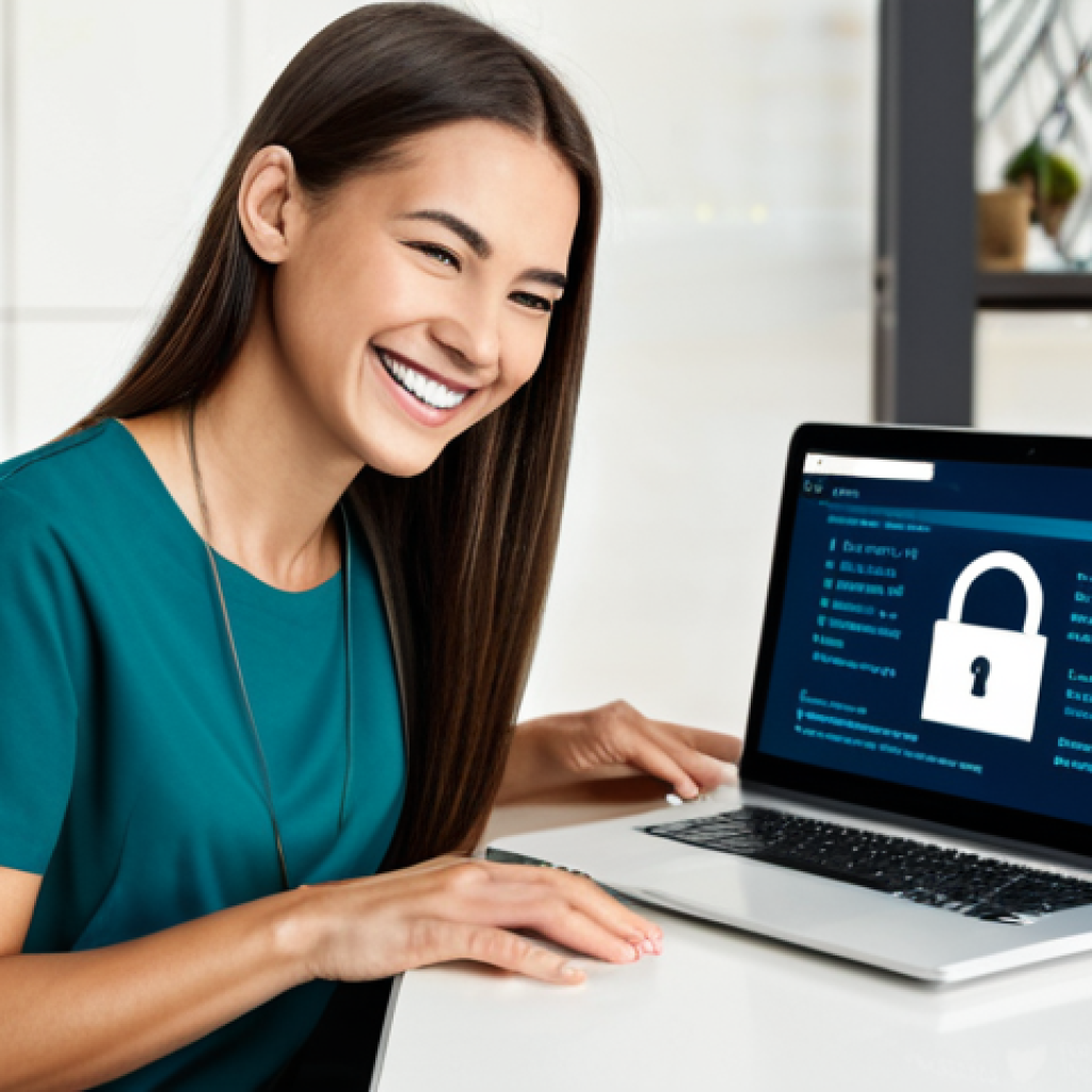 Secure Online Shopping**

"A woman smiles while shopping online on her laptop. The screen displays a secure checkout page with a padlock icon. Behind her, stylized code streams in the background, representing encryption. Fully clothed in casual attire, home setting, safe for work, appropriate content, professional, perfect anatomy, correct proportions, well-formed hands, natural pose, high quality."

**