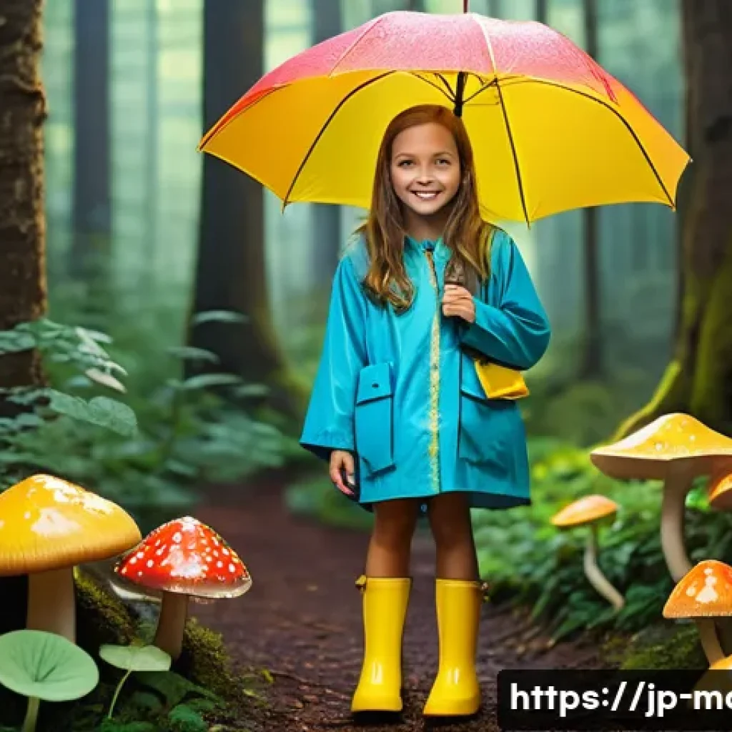 수학과 예술의 연결고리 - **Prompt:** "A young girl, age 7, wearing a brightly colored, oversized raincoat and yellow rain boo...