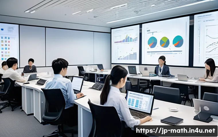 통계적 가설검정 방법 - A modern Japanese office setting with a diverse group of young professionals engaged in a statistica...