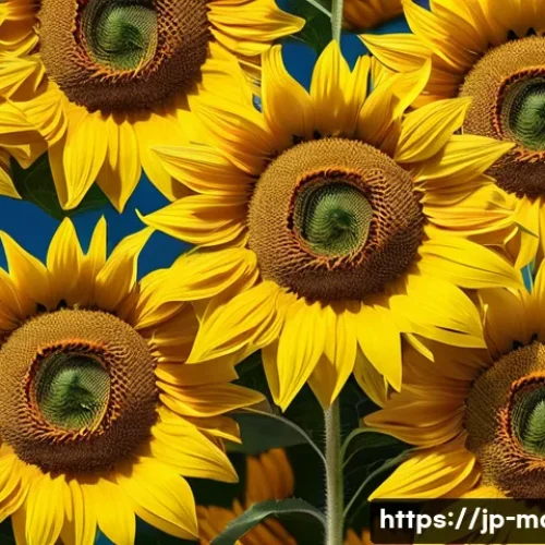 피보나치 수열과 황금비 - A vibrant sunflower field under a clear blue sky, showcasing the intricate spiral arrangement of see...
