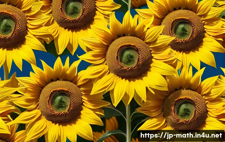 피보나치 수열과 황금비 - A vibrant sunflower field under a clear blue sky, showcasing the intricate spiral arrangement of see...