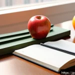 위상수학 기초 - A cozy study room scene with a wooden desk featuring a shiny red apple and a bright orange placed cl...