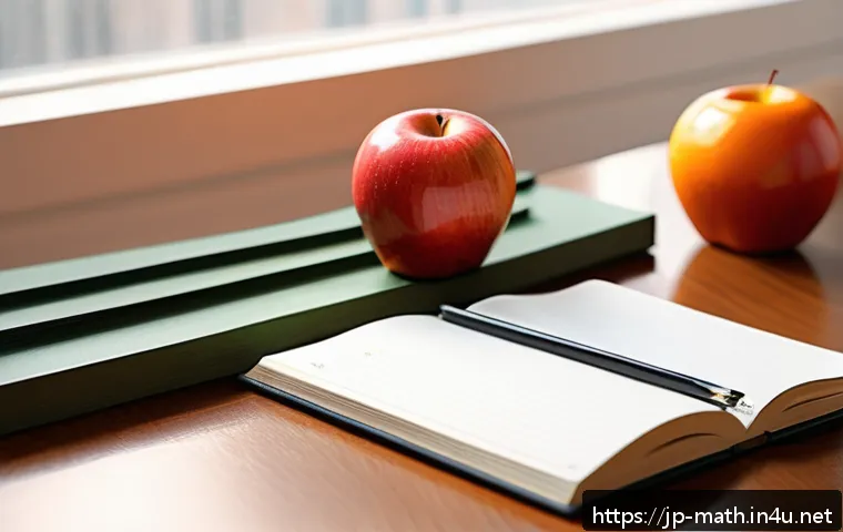 위상수학 기초 - A cozy study room scene with a wooden desk featuring a shiny red apple and a bright orange placed cl...