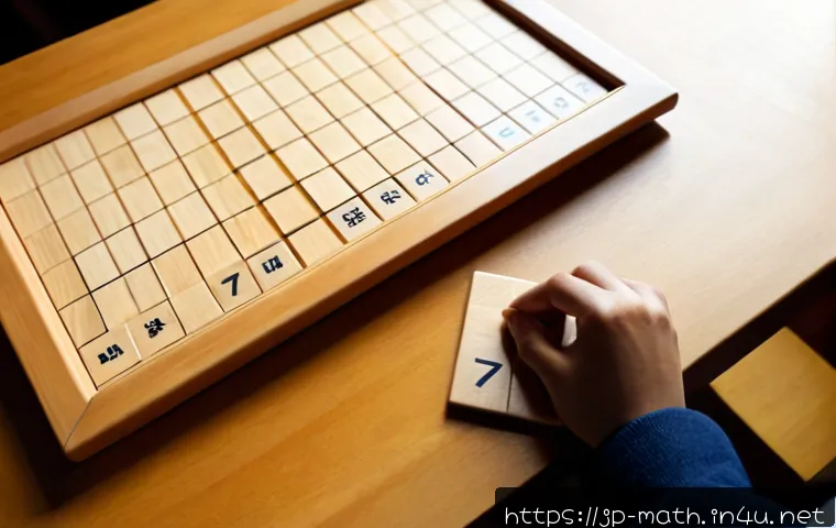 수학 퍼즐과 논리 문제 - Photorealistic overhead view of a Japanese-style wooden study desk with a clean blank-grid puzzle bo...